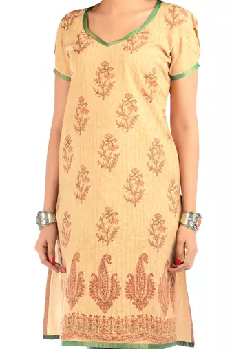 Beige Cotton Block Print Kurta