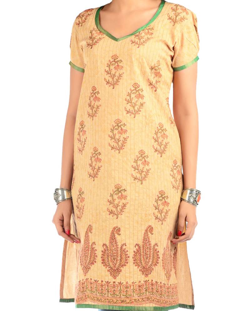 Beige Cotton Block Print Kurta