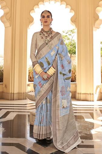 Silk Blend Aqua Blue Foliage Prints Classic Saree