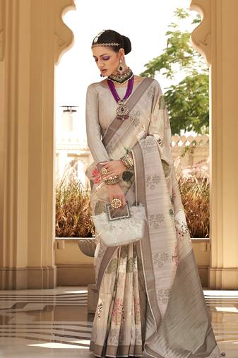 Cream Foil Print Silk Blend Contemporary Saree