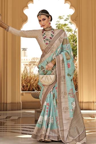 Silk Blend Foliage Prints Turquoise Saree