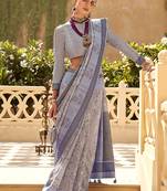 Silk Blend Grey Foliage Prints Classic Saree
