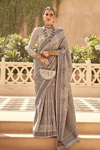 Silk Blend Beige Foil Print Contemporary Saree