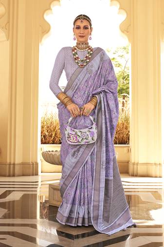 Silk Blend Foil Print Lavender Saree