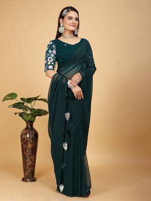 Faux Georgette Saree With Floral 3D Embroidered Blouse Piece 1