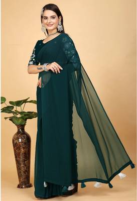 Faux Georgette Saree With Floral 3D Embroidered Blouse Piece 3