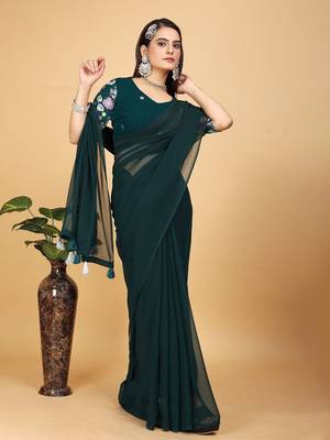 Faux Georgette Saree With Floral 3D Embroidered Blouse Piece 4