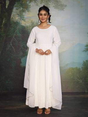 Blooming White Chikankari Anarkali Dress With Georgette Dupatta & Bottom (Set Of 3) 1