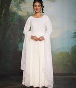 Blooming White Chikankari Anarkali Dress With Georgette Dupatta & Bottom (Set Of 3)