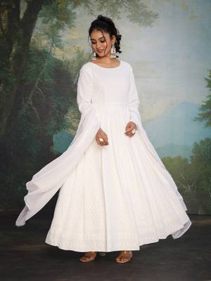 Blooming White Chikankari Anarkali Dress With Georgette Dupatta & Bottom (Set Of 3) 2
