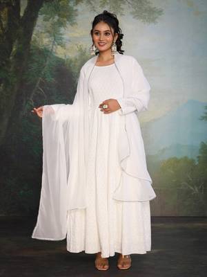 Blooming White Chikankari Anarkali Dress With Georgette Dupatta & Bottom (Set Of 3) 3