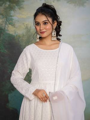 Blooming White Chikankari Anarkali Dress With Georgette Dupatta & Bottom (Set Of 3) 4