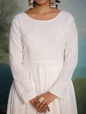 Blooming White Chikankari Anarkali Dress With Georgette Dupatta & Bottom (Set Of 3) 6