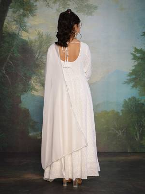 Blooming White Chikankari Anarkali Dress With Georgette Dupatta & Bottom (Set Of 3) 7