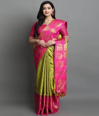 Mustard Yellow and Pink Cotton Silk Saree With Zari Woven Work 1