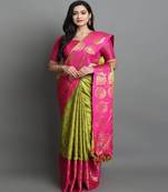 Mustard Yellow and Pink Cotton Silk Saree With Zari Woven Work