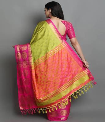 Mustard Yellow and Pink Cotton Silk Saree With Zari Woven Work 2
