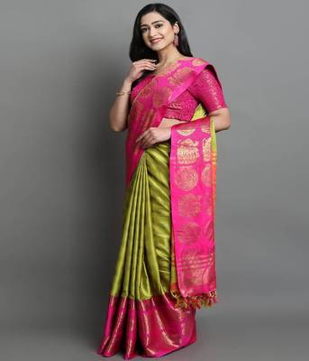 Mustard Yellow and Pink Cotton Silk Saree With Zari Woven Work 3