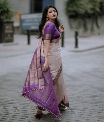 peach color silk blend sarees with blouse 1