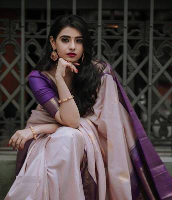 peach color silk blend sarees with blouse 2