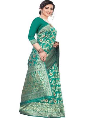 Turquoise woven silk blend saree with blouse 1
