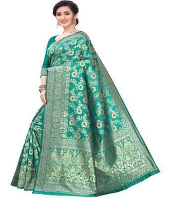 Turquoise woven silk blend saree with blouse 2