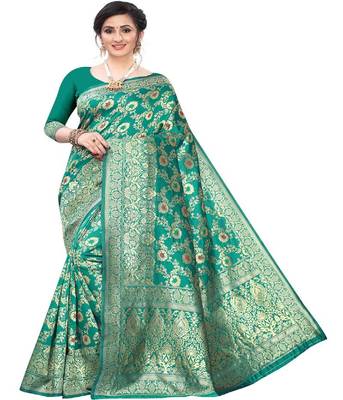 Turquoise woven silk blend saree with blouse 3