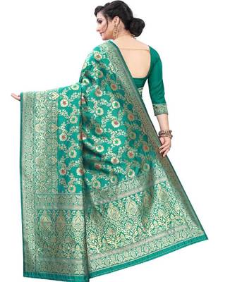 Turquoise woven silk blend saree with blouse 4