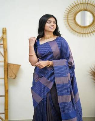 Navy Blue Woven Art Silk Saree with Unstitched Blouse 3