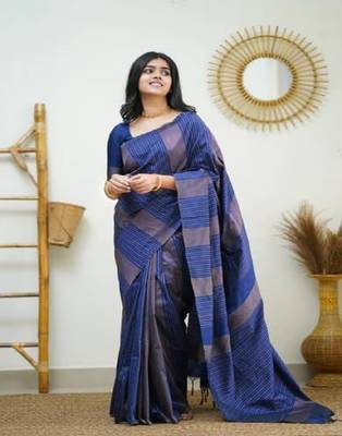 Navy Blue Woven Art Silk Saree with Unstitched Blouse 1