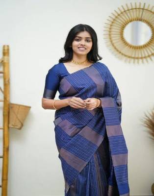 Navy Blue Woven Art Silk Saree with Unstitched Blouse 4