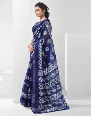 Blue Printed Cotton Saree with Unstitched Blouse 1