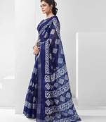 Blue Printed Cotton Saree with Unstitched Blouse