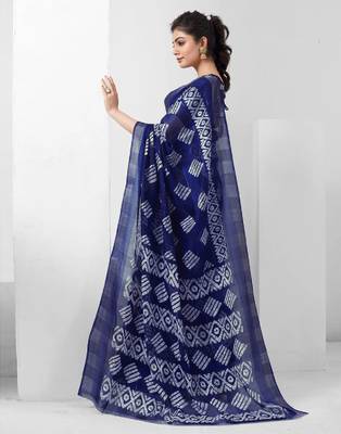 Blue Printed Cotton Saree with Unstitched Blouse 3