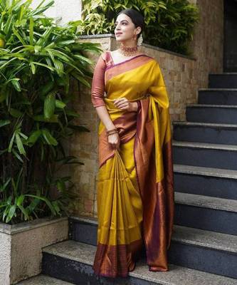 Golden and Burgundy Art Silk Zari Woven Work Saree for Womens 1