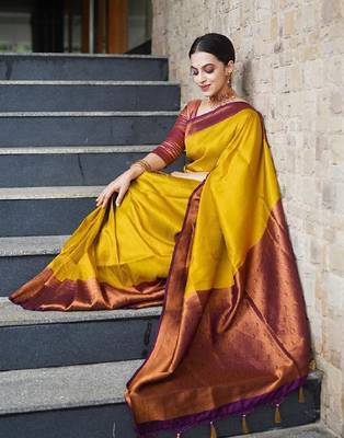 Golden and Burgundy Art Silk Zari Woven Work Saree for Womens 3