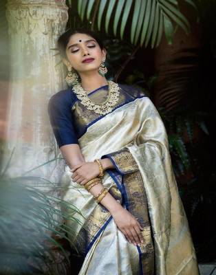 White Zari Woven Art Silk Saree with Unstitched Blouse 1
