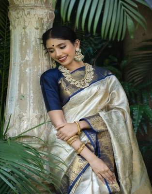 White Zari Woven Art Silk Saree with Unstitched Blouse 5
