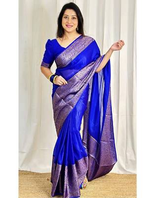 Blue woven art silk saree with blouse 3
