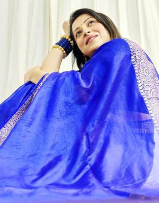 Blue woven art silk saree with blouse 4