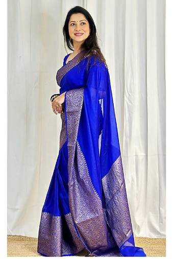 Blue woven art silk saree with blouse