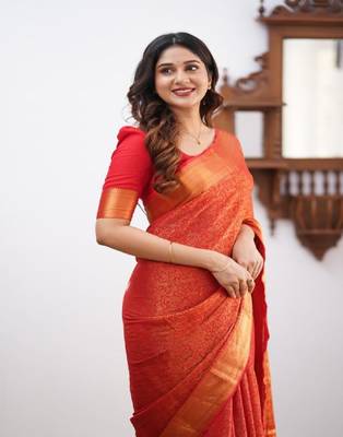 Orange Zari Woven Art Silk Saree with Unstitched Blouse 2