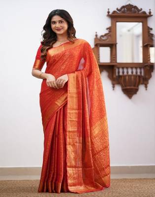 Orange Zari Woven Art Silk Saree with Unstitched Blouse 3