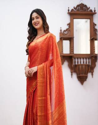 Orange Zari Woven Art Silk Saree with Unstitched Blouse 4