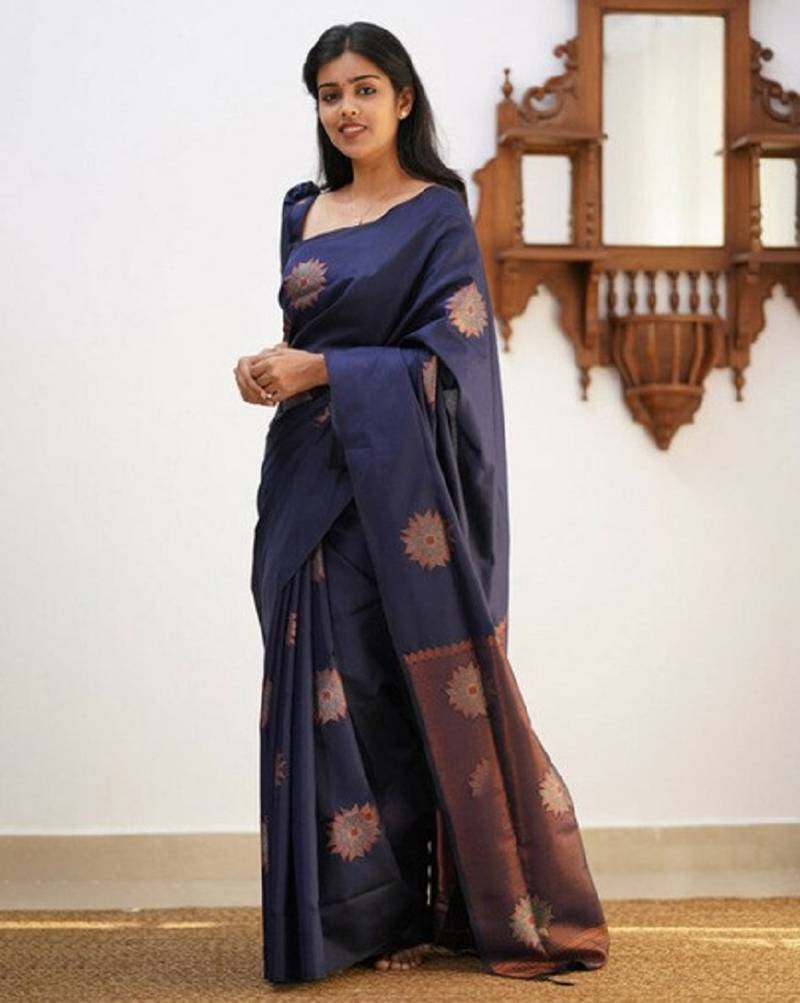 Women's Silk Blend Navy Blue Woven Design Designer Saree With Blouse Piece main image 1