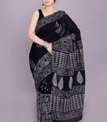 Black and White Hand-Block Printed Cotton Saree