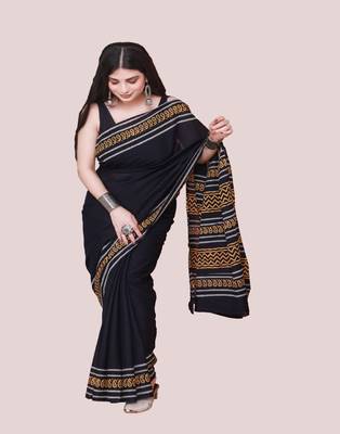 Black printed art silk saree with blouse 2