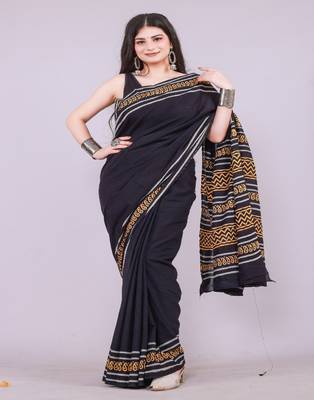 Black printed art silk saree with blouse 1