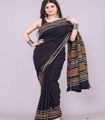 Black printed art silk saree with blouse
