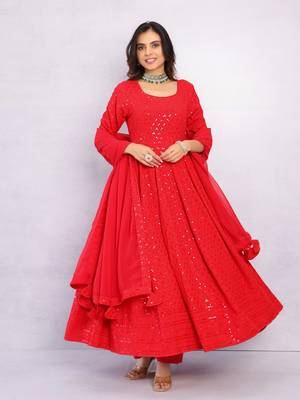 Venetian Red Chikankari Anarkali Dress With Georgette Dupatta & Bottom (Set Of 3) 1